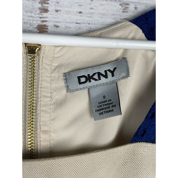 DKNY Blue & Cream Linen Shift Knee Length Dress 8 Coastal Neutral Wedding Beachy - Picture 4 of 8